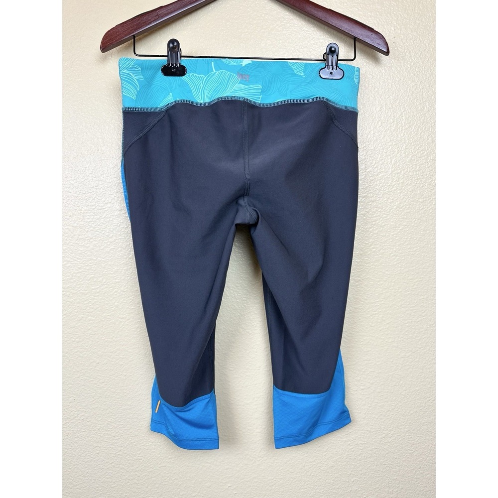 Lucy Size M Womens Black Blue Capri Pants Zip Pocket Drawstring Athletic Floral - Picture 5 of 6